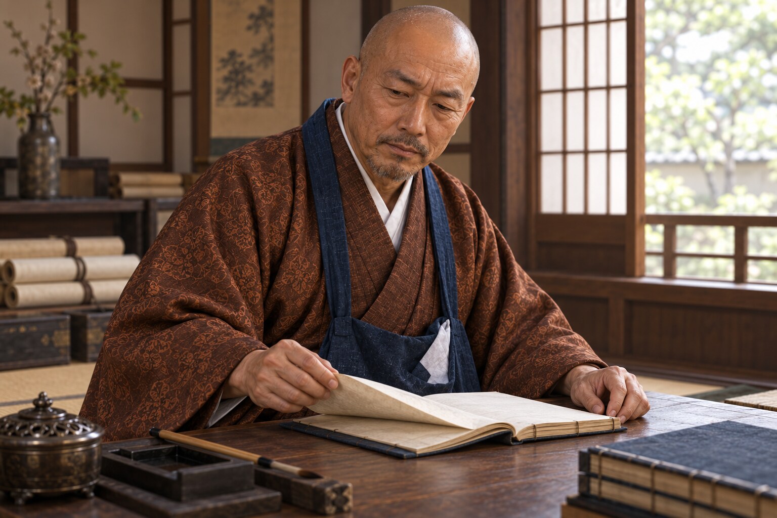 書物を読む江雪斎の想像図。現存写本の本文を再現したものではない(AI生成イメージ)