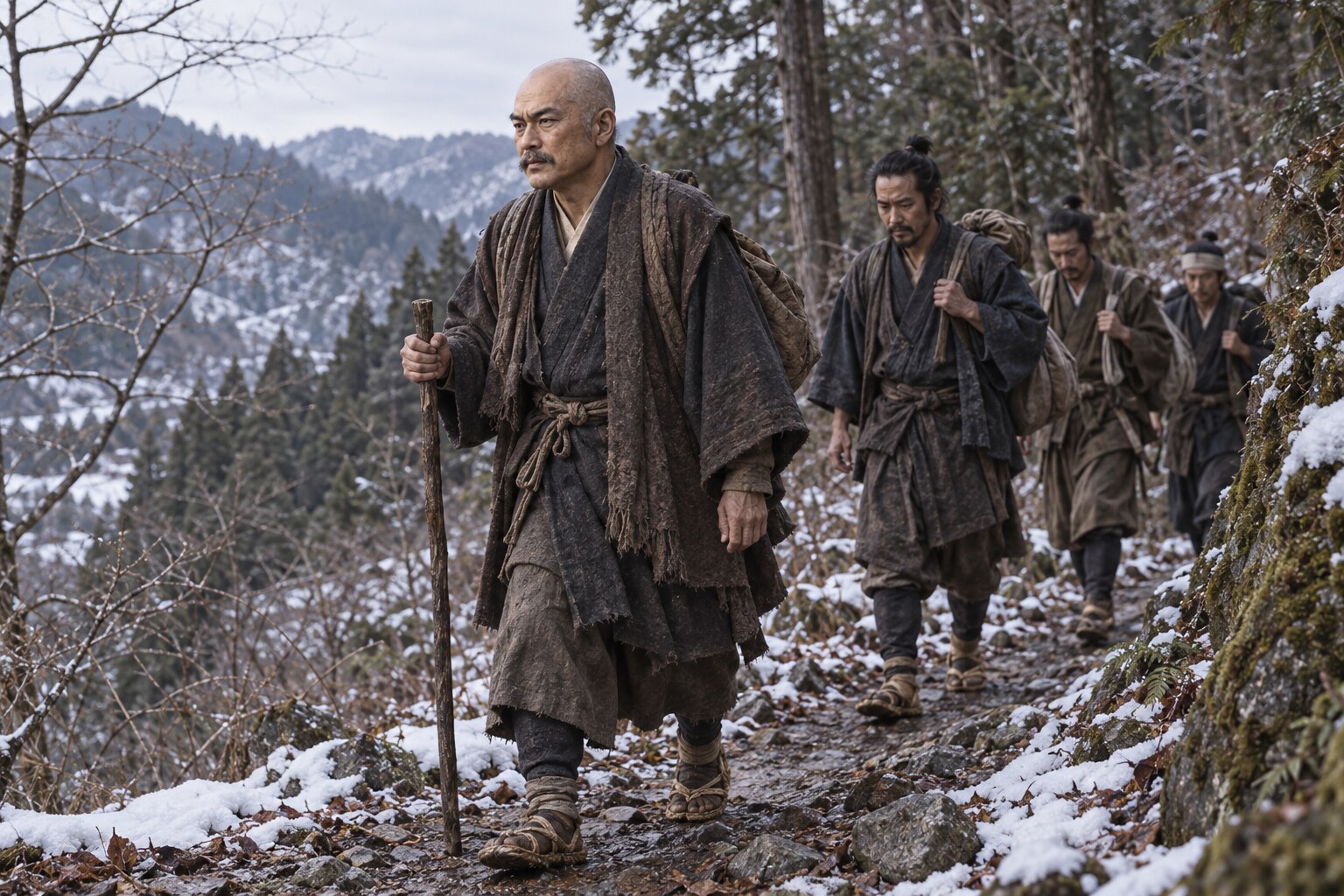 山道を進む義祐一行の想像場面。逃避行の経路を再現したものではない（AI生成イメージ）