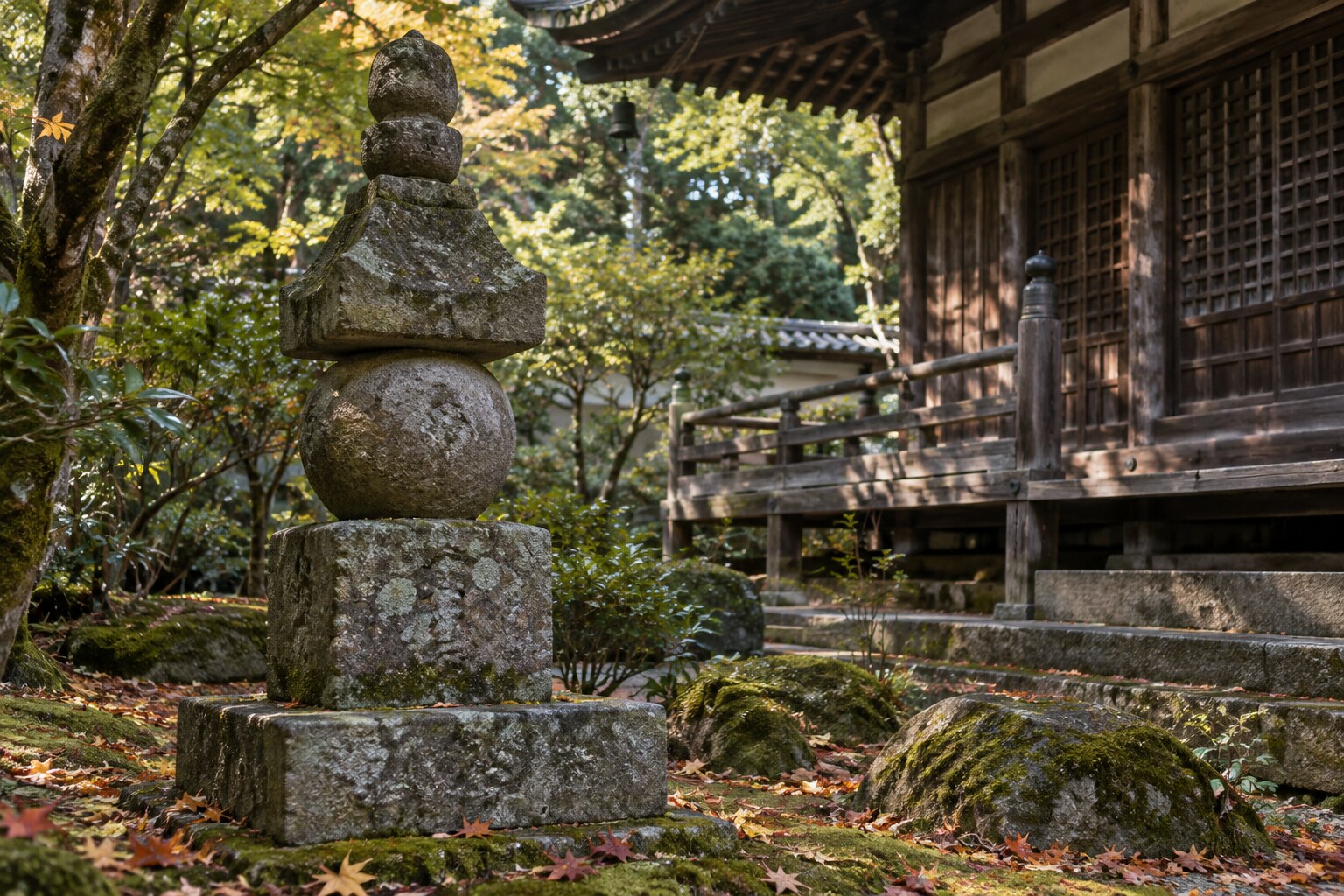 供養の石塔と寺域の想像図。現存六地蔵塔の復元ではない（AI生成イメージ）