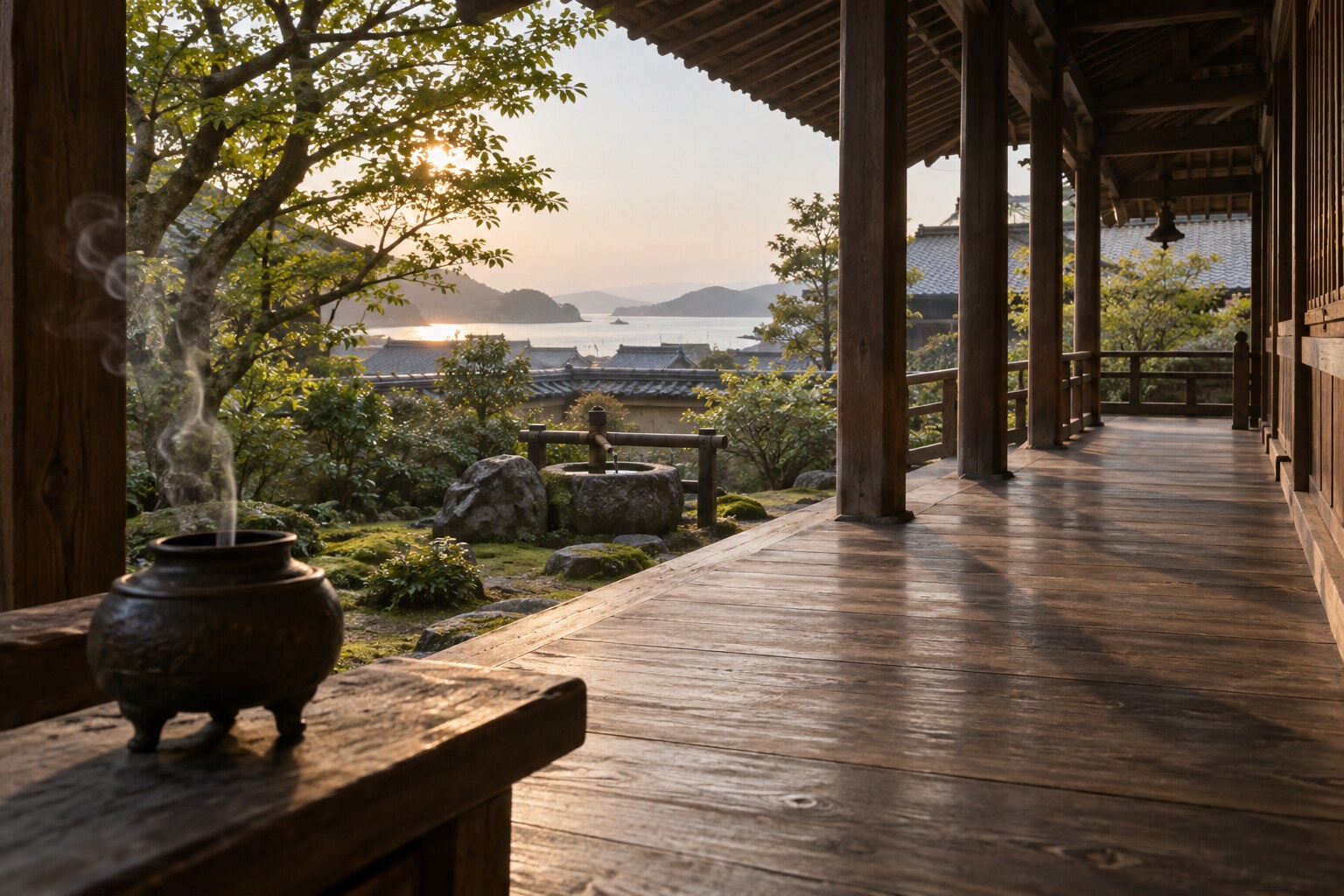 堺の寺に残る記憶を表す無人の想像場面（AI生成イメージ）
