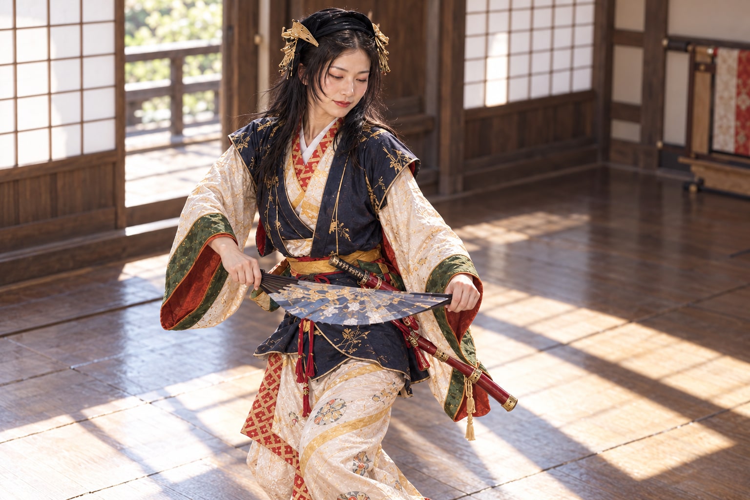 踊りの稽古を題材にした想像図。1600年の宮中上演や当時の年齢の復元ではない(AI生成イメージ)