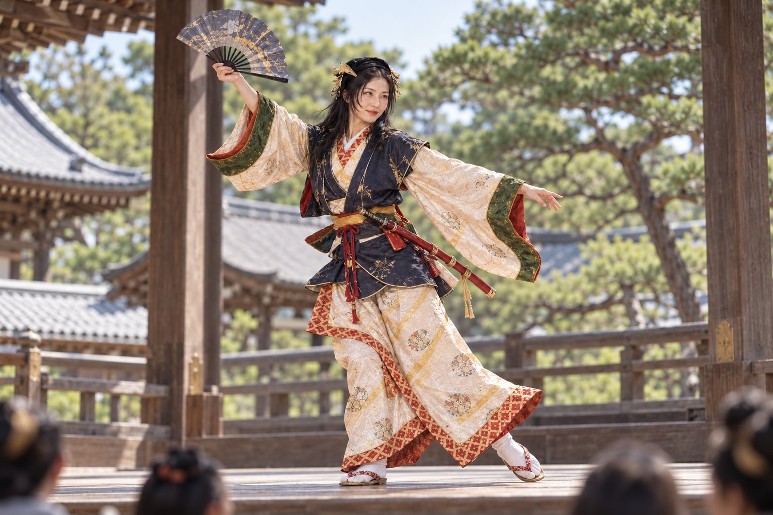 京都の能舞台で踊る阿国を題材にした想像図。北野の建物や初演の振付を復元していない(AI生成イメージ)