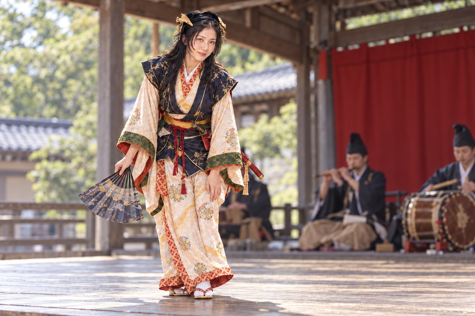 踊りを終える阿国の想像図。後世の歌舞伎の演目や実在の公演を再現していない(AI生成イメージ)