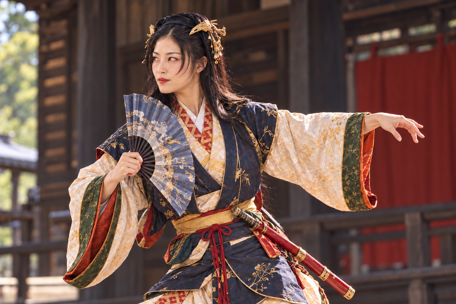 役を演じる阿国の想像図。名古屋山三との共演・恋愛・婚姻を再現していない(AI生成イメージ)