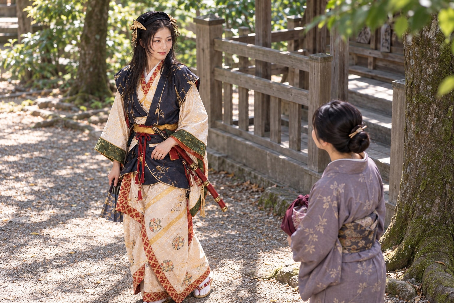 寺社との結びつきを表す想像図。正式な巫女への就任や特定人物との面会を再現していない(AI生成イメージ)