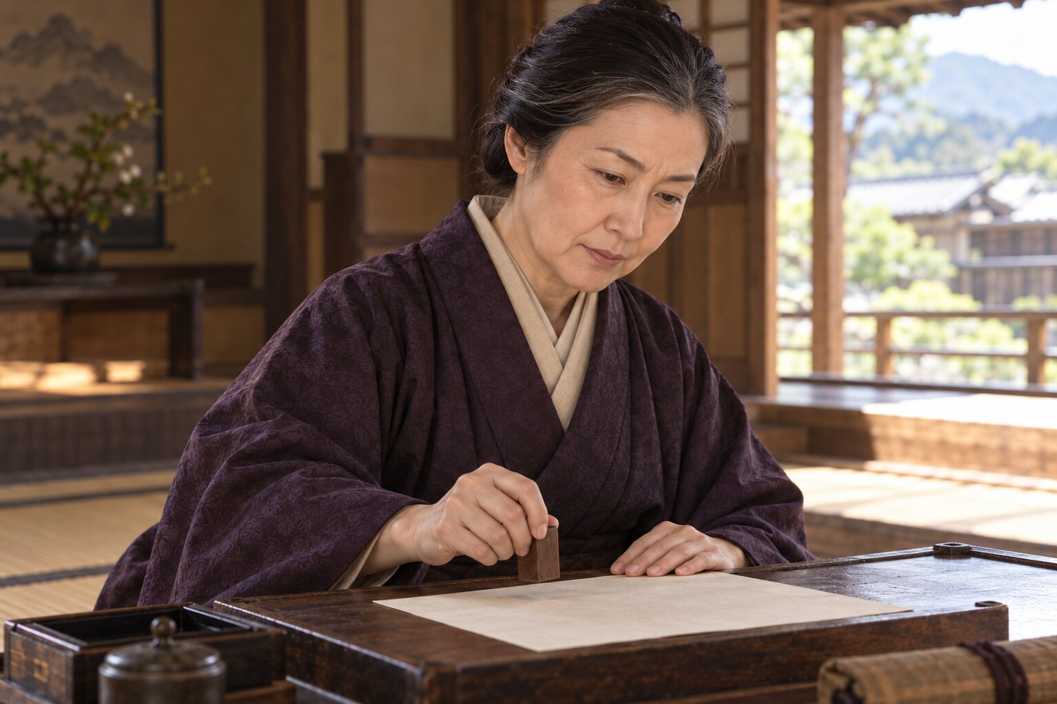 文書発給を題材にした寿桂尼の想像図。印と紙は現存史料の複製ではない（AI生成イメージ）