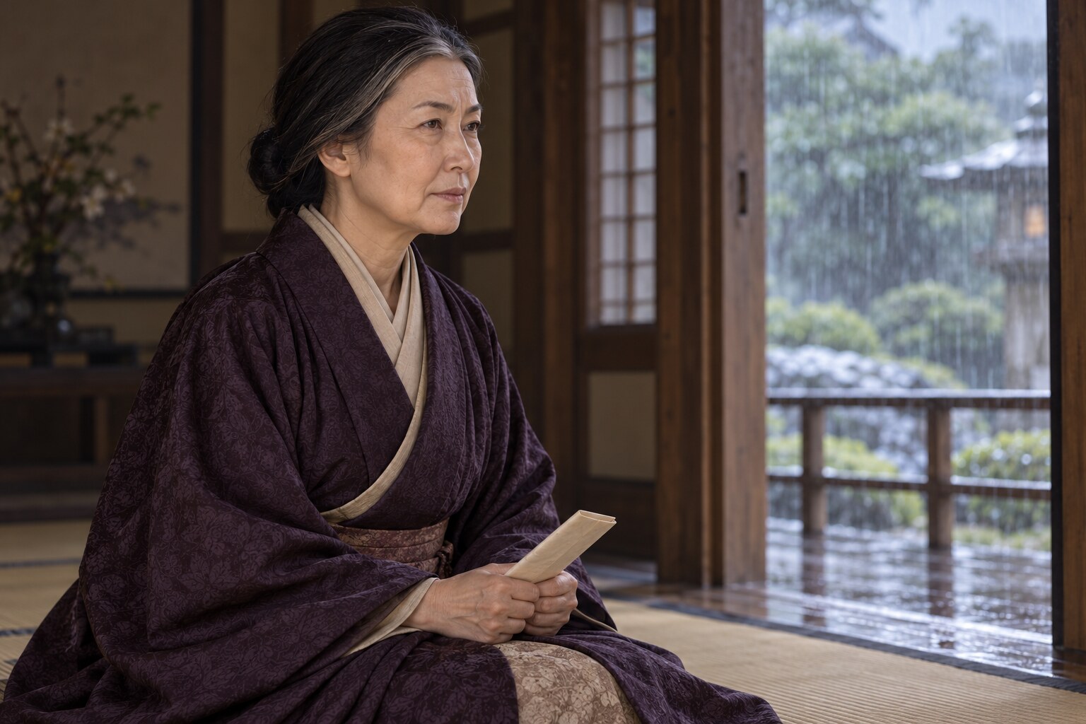 家督継承期を題材にした寿桂尼の想像図。表情・手紙・室内は創作（AI生成イメージ）