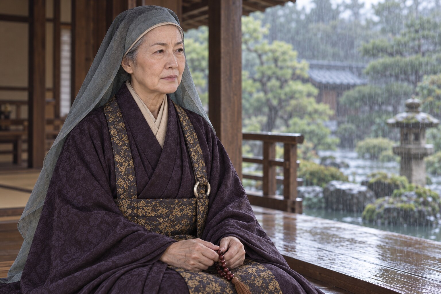 晩年の寿桂尼を描いた想像図。雨景色や表情は特定の日の出来事を示さない（AI生成イメージ）