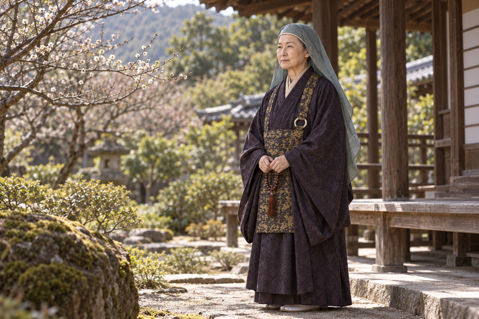 寺の庭に立つ晩年の寿桂尼の想像図。竜雲寺や墓所の実景ではない（AI生成イメージ）
