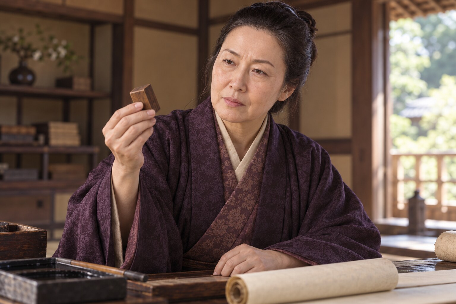印を手にする寿桂尼の想像図。印面・形状・紙は歴史資料の再現ではない（AI生成イメージ）