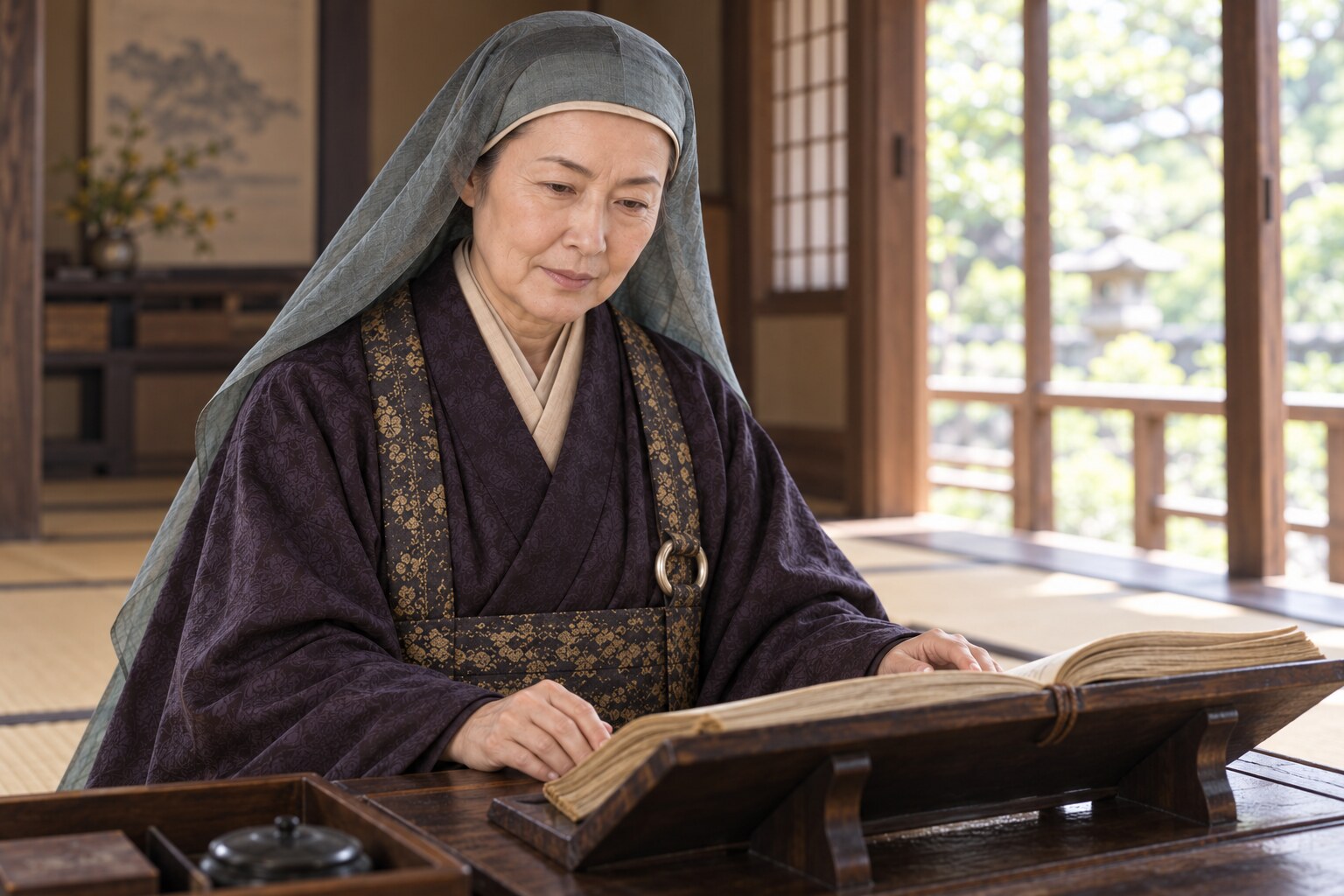 書物に向き合う寿桂尼の想像図。『言継卿記』を本人が読む場面ではない（AI生成イメージ）