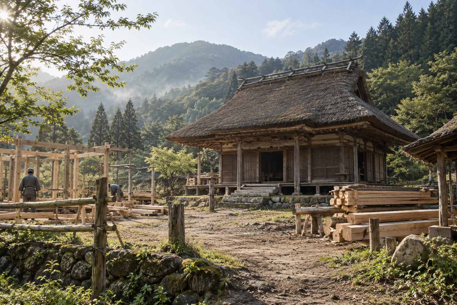 越後の寺院造営を描いた想像図。楞厳寺の実景・復元図ではない（AI生成イメージ）