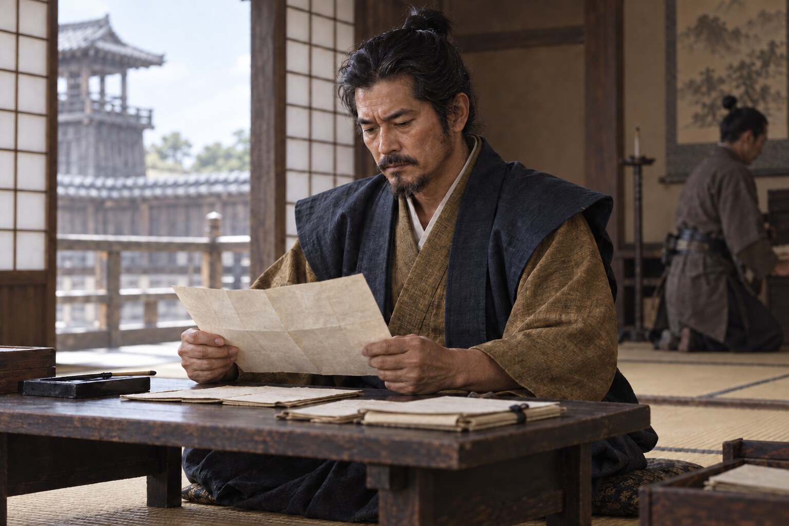政務の文書を扱う景家の想像図（AI生成イメージ）