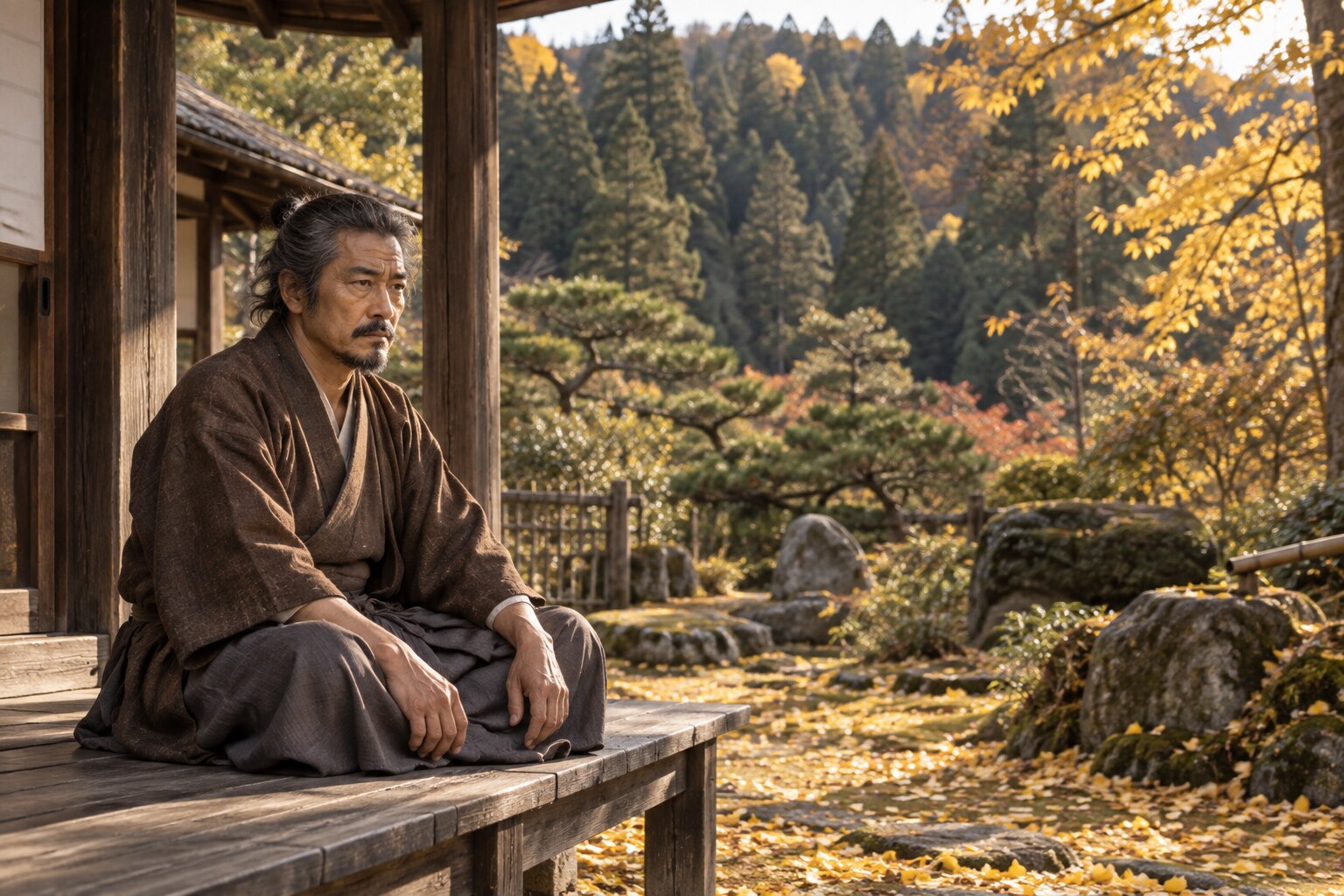 晩年の景家を思い描いた静かな庭の情景。没年・死因を示す場面ではない（AI生成イメージ）