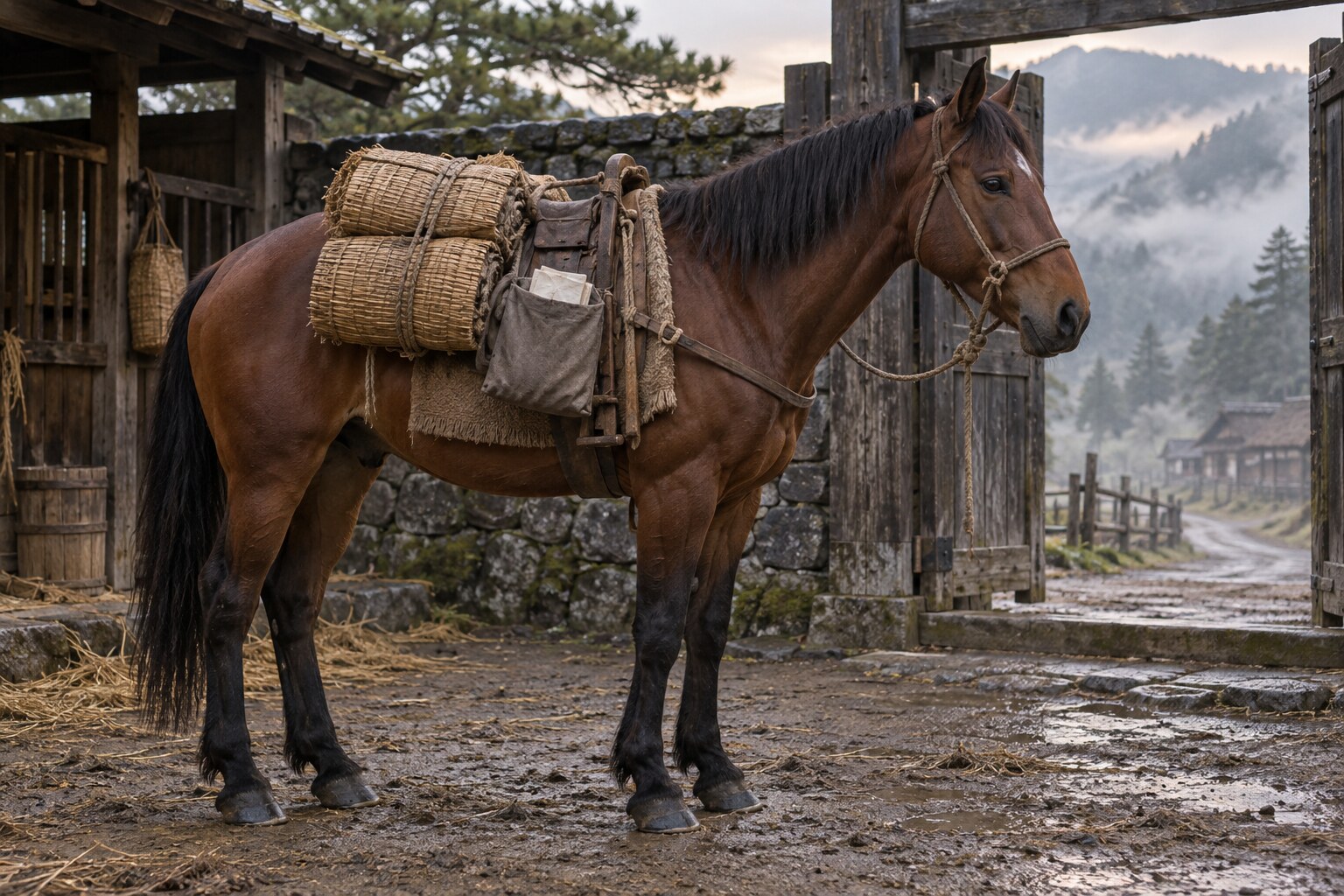 使節の移動を支える旅支度の馬の想像図（AI生成イメージ）