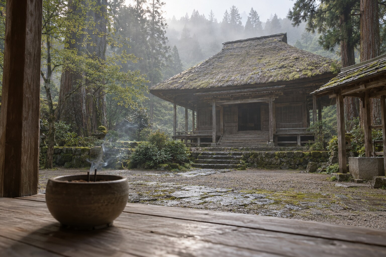 菩提寺で受け継がれる記憶を表す無人の寺院イメージ。楞厳寺の実景ではない（AI生成イメージ）