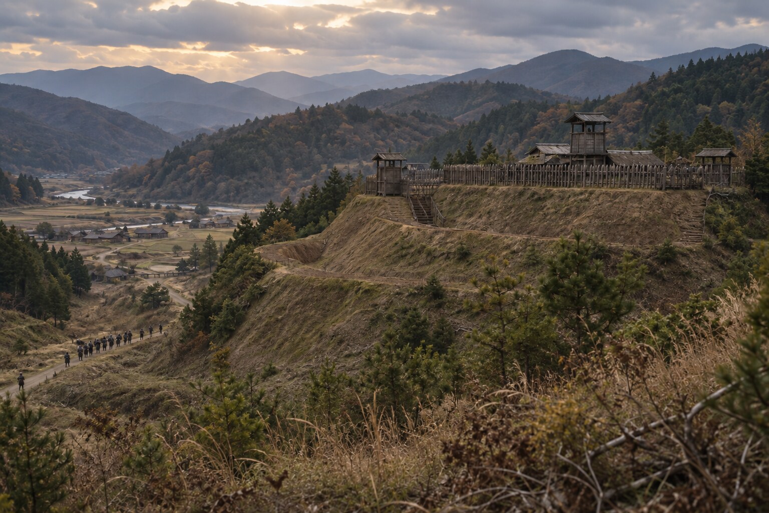 西上野の城郭と遠くの軍勢を想像した情景（AI生成イメージ）