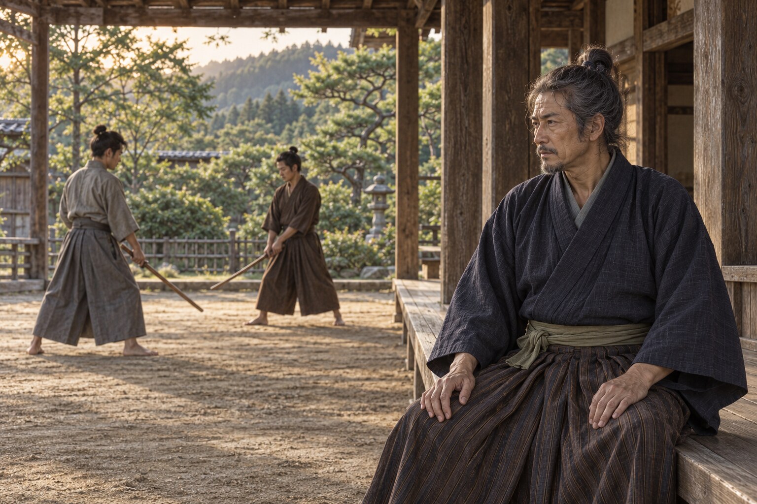 老いた師と稽古を続ける門人たちを想像した情景（AI生成イメージ）