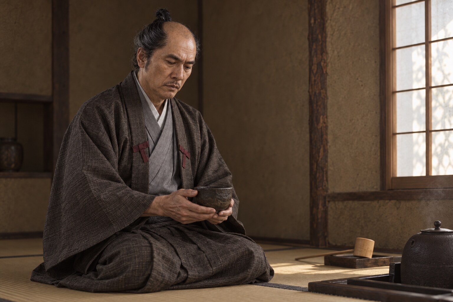 茶の湯に親しむ長近の想像図（AI生成イメージ）