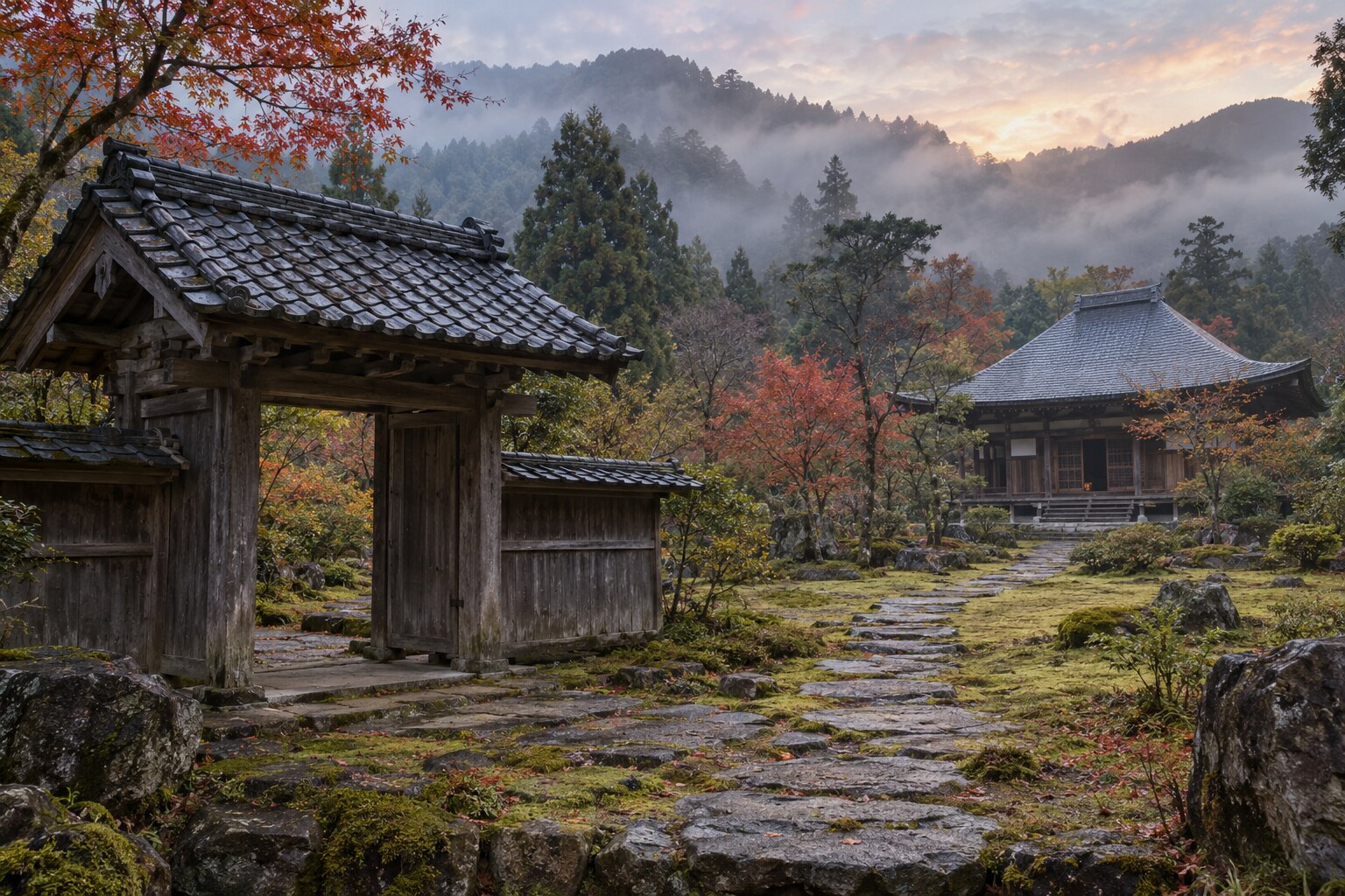 長近を弔う寺院を題材にした想像図。実在の伽藍の復元ではない（AI生成イメージ）