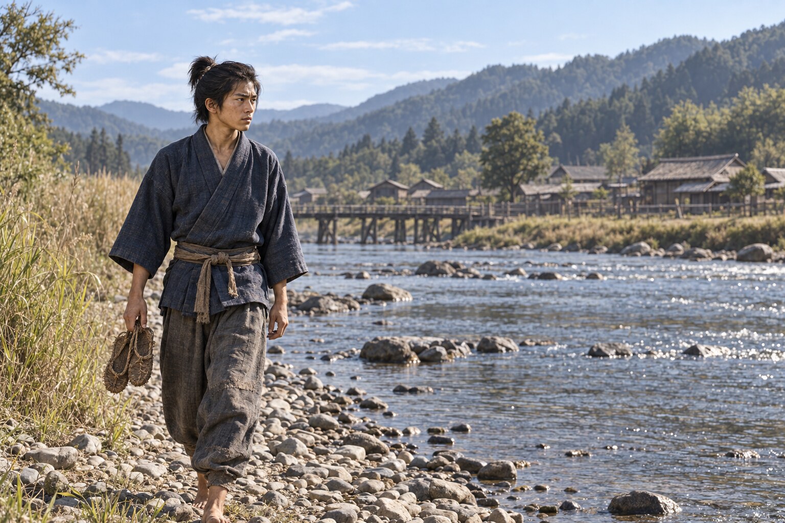 尾張の川辺を歩く若き才蔵の想像図（AI生成イメージ）