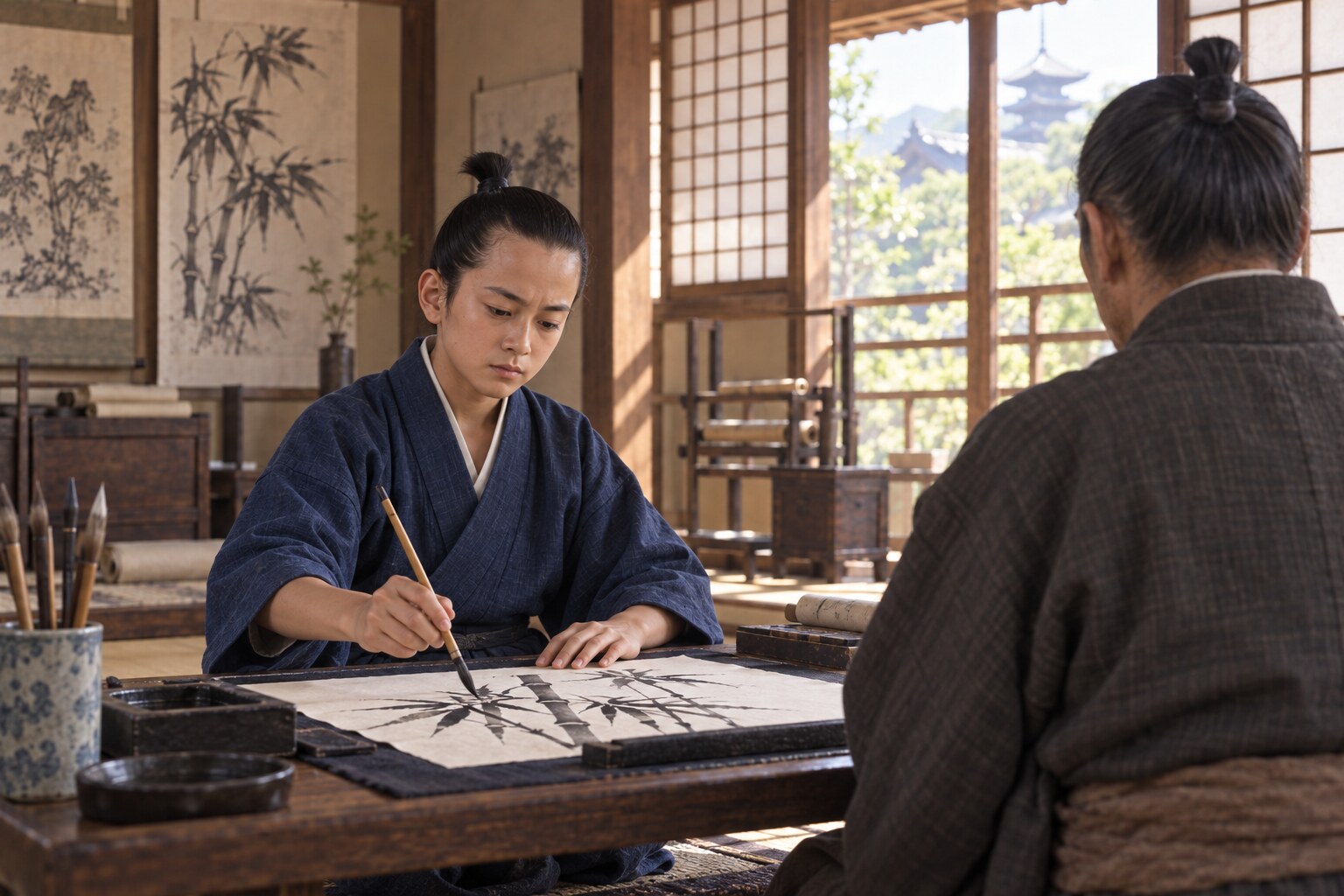 京都の工房で筆を学ぶ少年期の永徳を描いた想像図（AI生成イメージ）