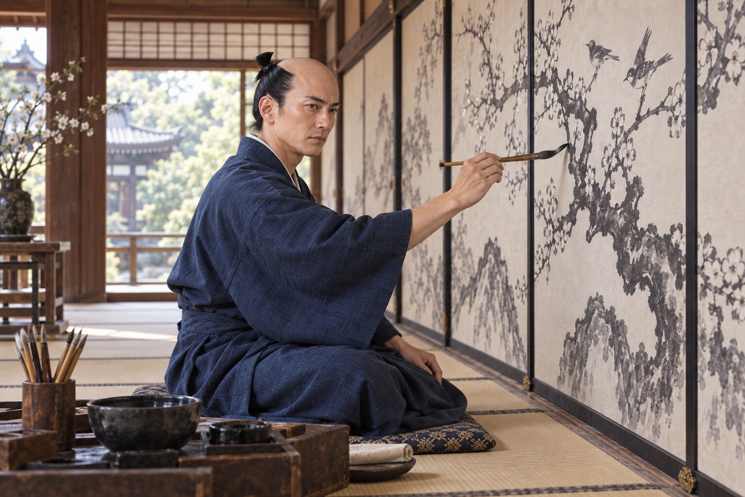 若い永徳が寺院の花鳥画を制作する想像図。聚光院の実作の複製ではない（AI生成イメージ）