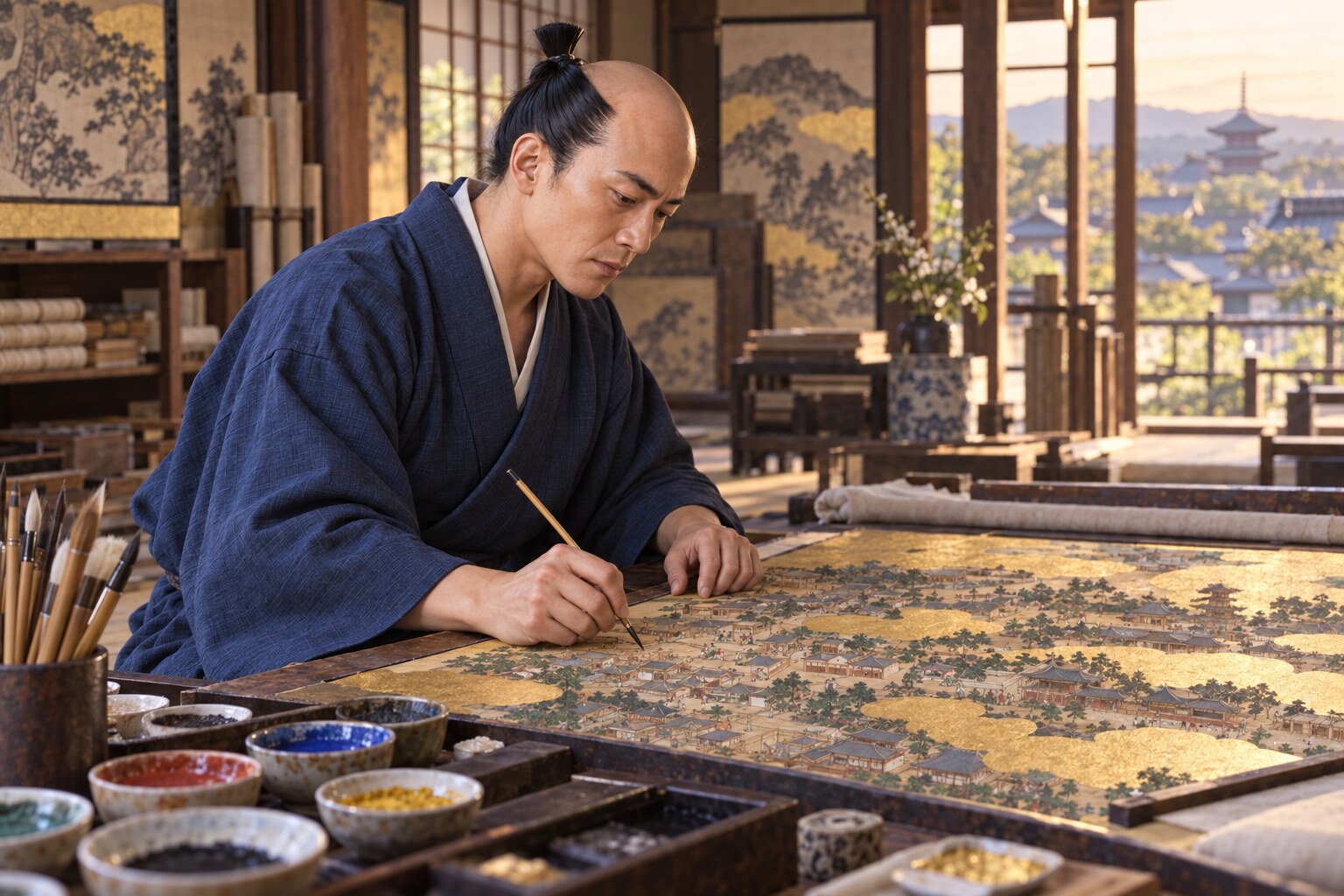 京の町を描き込む永徳の想像図。上杉本の実物写真ではない（AI生成イメージ）