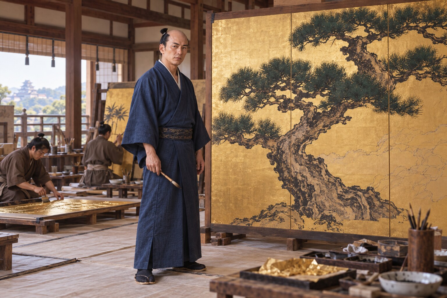安土城の障壁画制作を題材にした想像図。城内の確定復元ではない（AI生成イメージ）