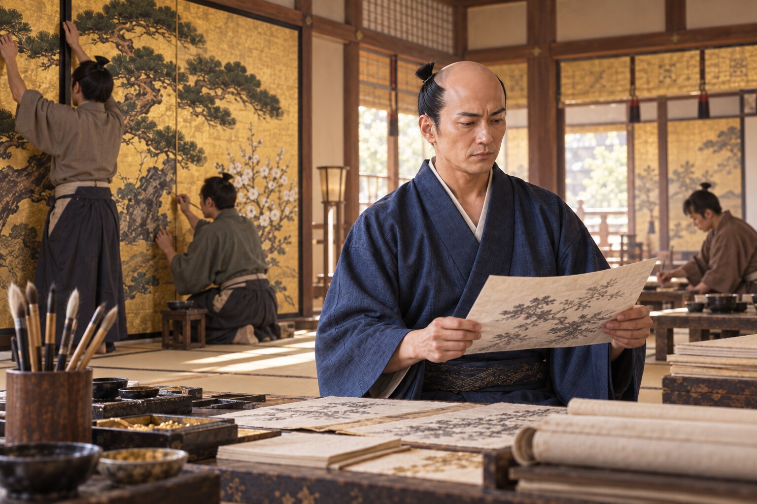 秀吉の時代の大規模な障壁画制作を題材にした工房の想像図（AI生成イメージ）
