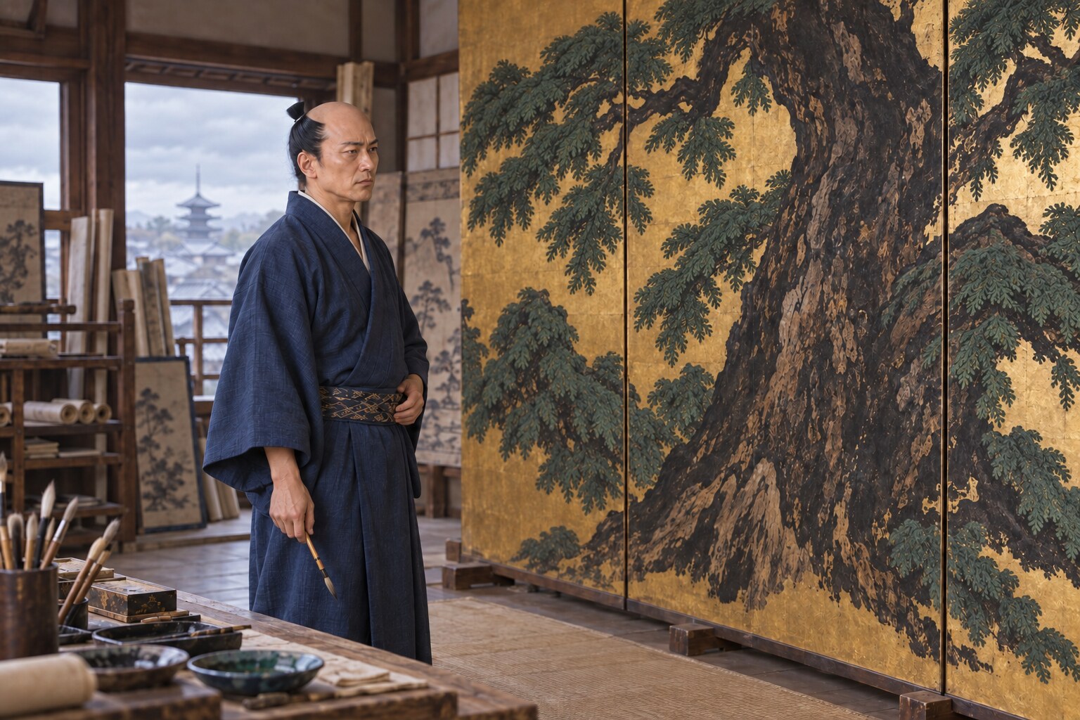 檜の巨木を描く晩年の永徳の想像図。国宝の制作現場を再現したものではない（AI生成イメージ）
