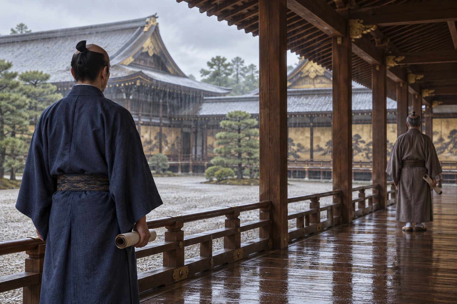 御所の注文をめぐる画家たちの競争を表した想像図。実際の対面を示すものではない（AI生成イメージ）