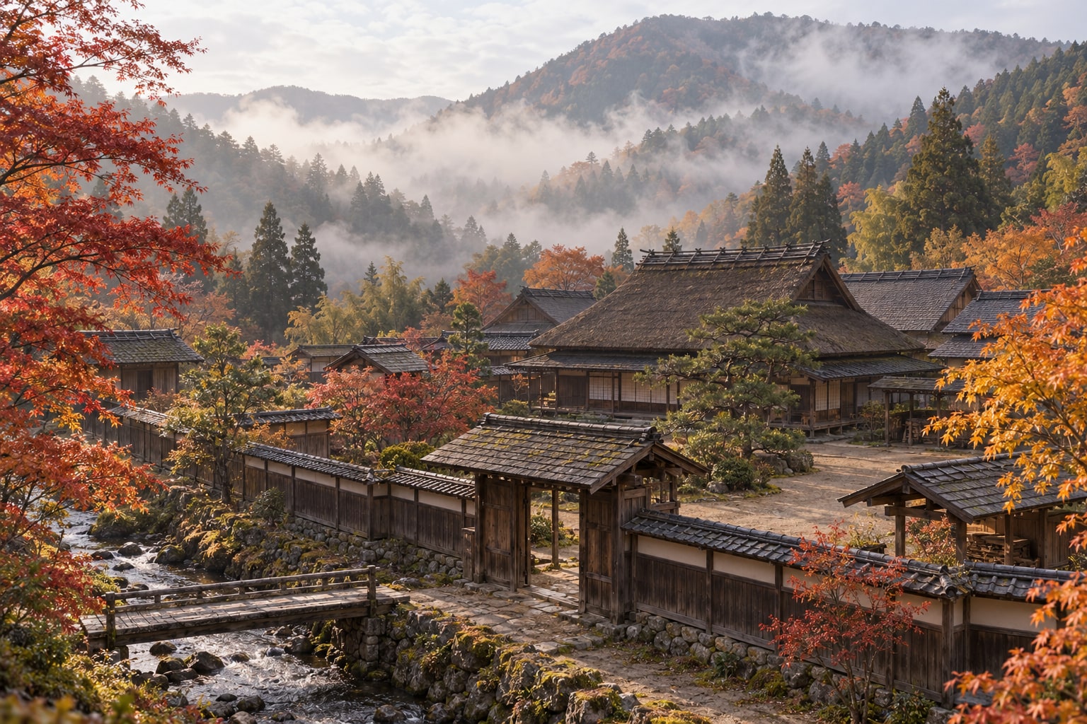 丹波の山と麓の館を題材にした無人の想像風景。黒井城下の実測復元ではない（AI生成イメージ）