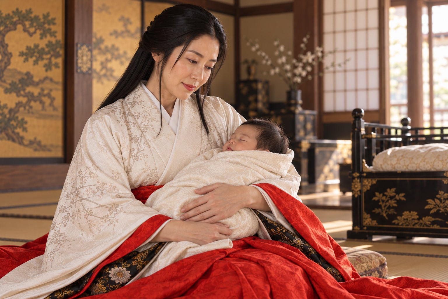 眠る幼児を抱く福の想像図。竹千代の養育を題材とした場面（AI生成イメージ）