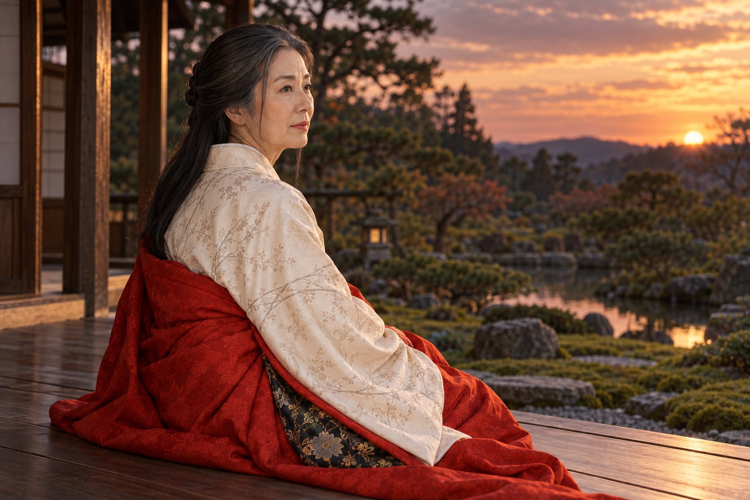 夕暮れの縁側に座る、白髪まじりの春日局の想像図。臨終の場面ではない（AI生成イメージ）