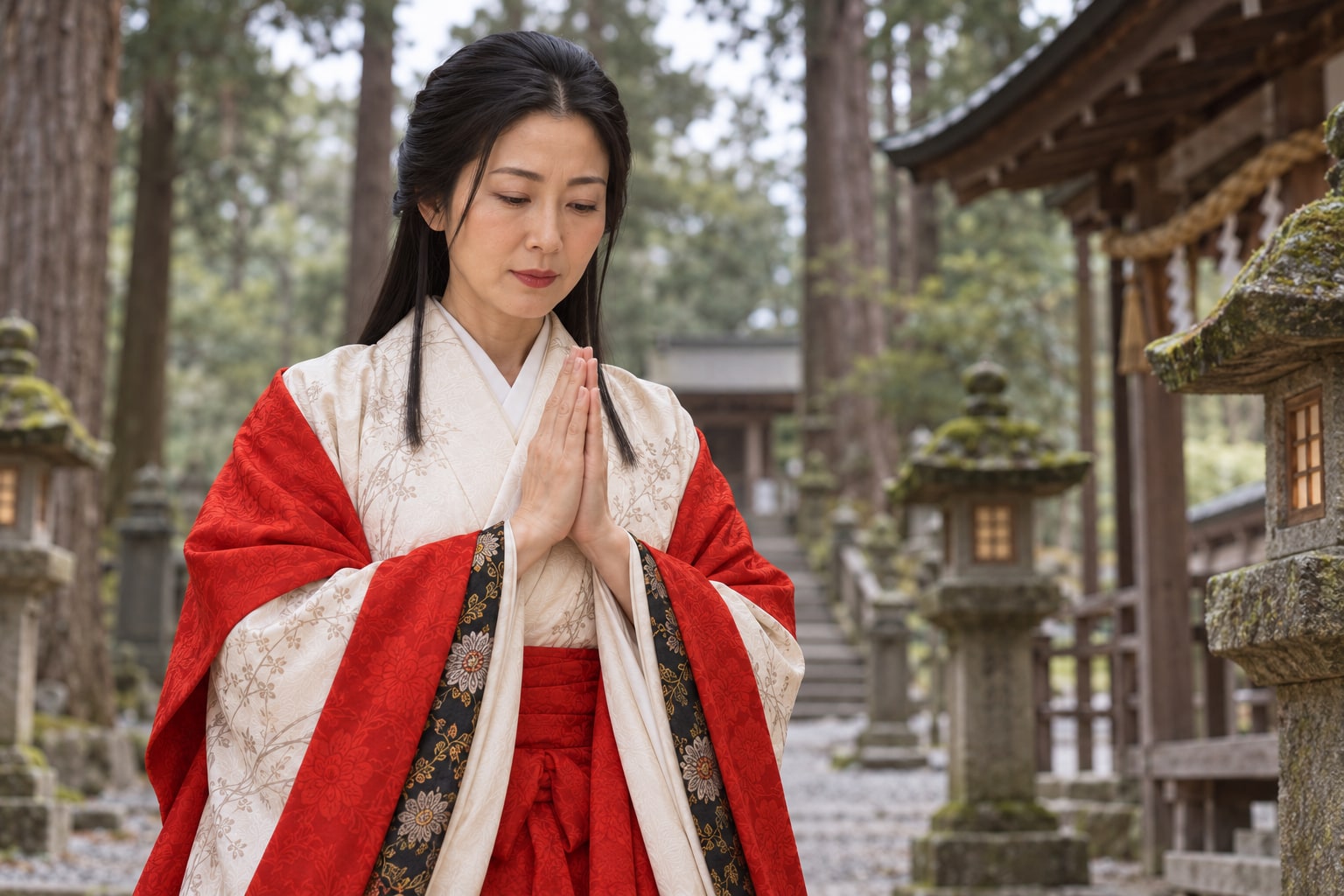 社の前で手を合わせる春日局の想像図。参宮の逸話を題材にした情景（AI生成イメージ）
