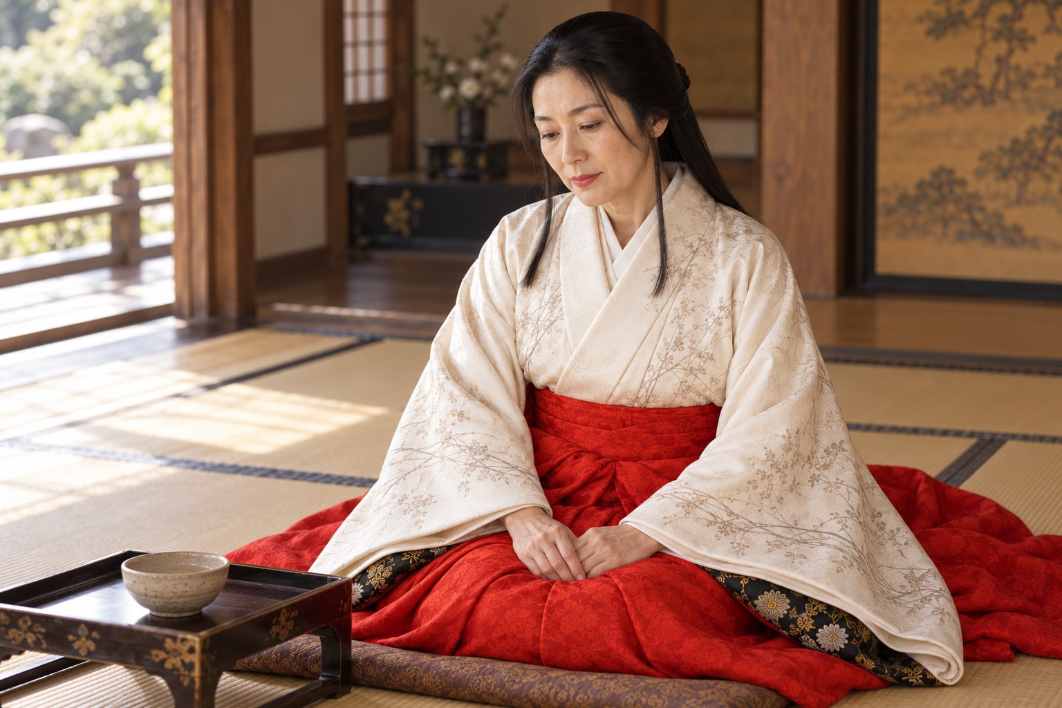 器を前に静かに考える春日局の想像図。薬断ちの伝承を題材とし、実際の治療器具は復元していない（AI生成イメージ）