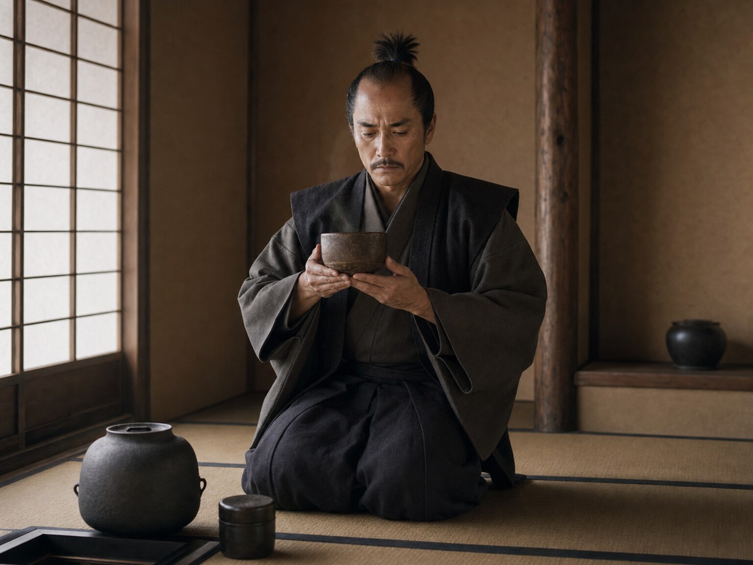 茶室で一服に向き合う茶人肌の且元