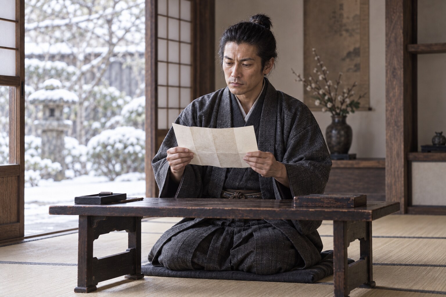 白石を託す書状を受ける景綱の想像図（AI生成）（AI生成イメージ）