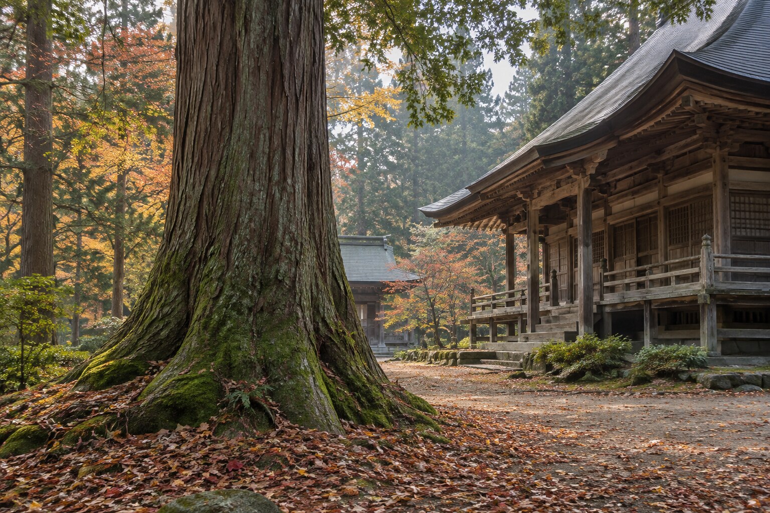 景綱の墓標伝承をもとにした杉と寺の想像風景（AI生成）（AI生成イメージ）
