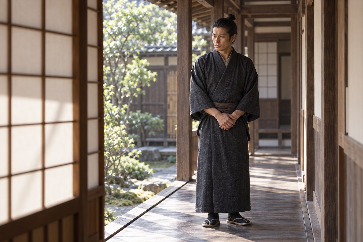 主君の身近に控える景綱の想像図。目の処置を再現したものではない（AI生成）（AI生成イメージ）
