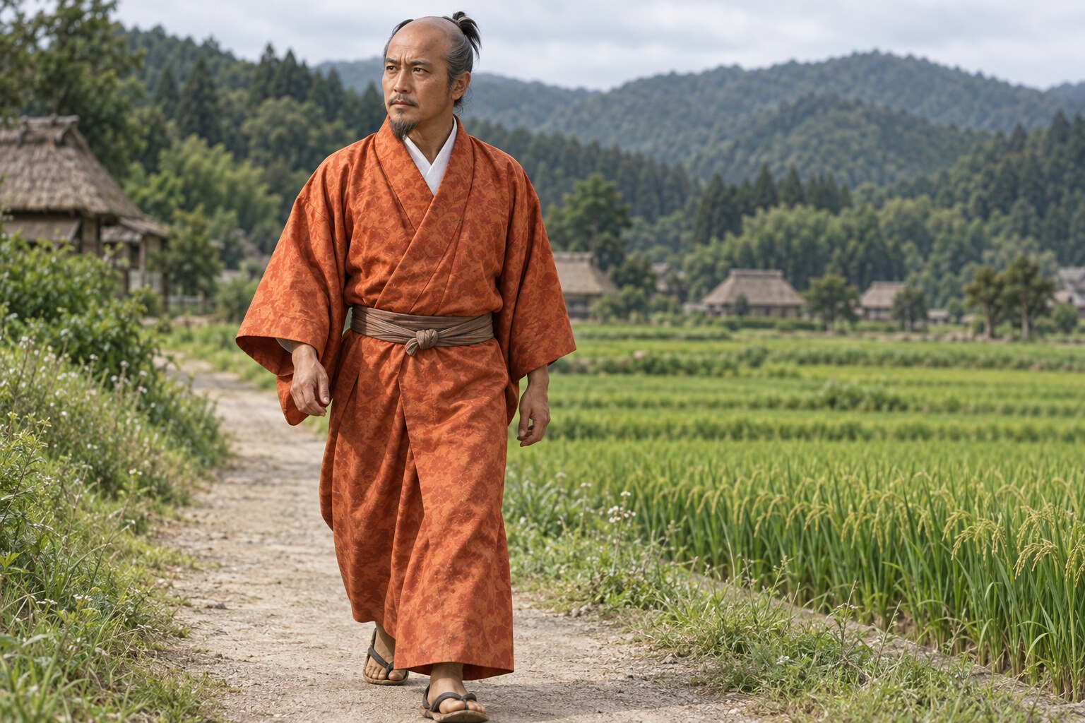 美濃の道を行く若い光泰を表現した想像図（AI生成イメージ）
