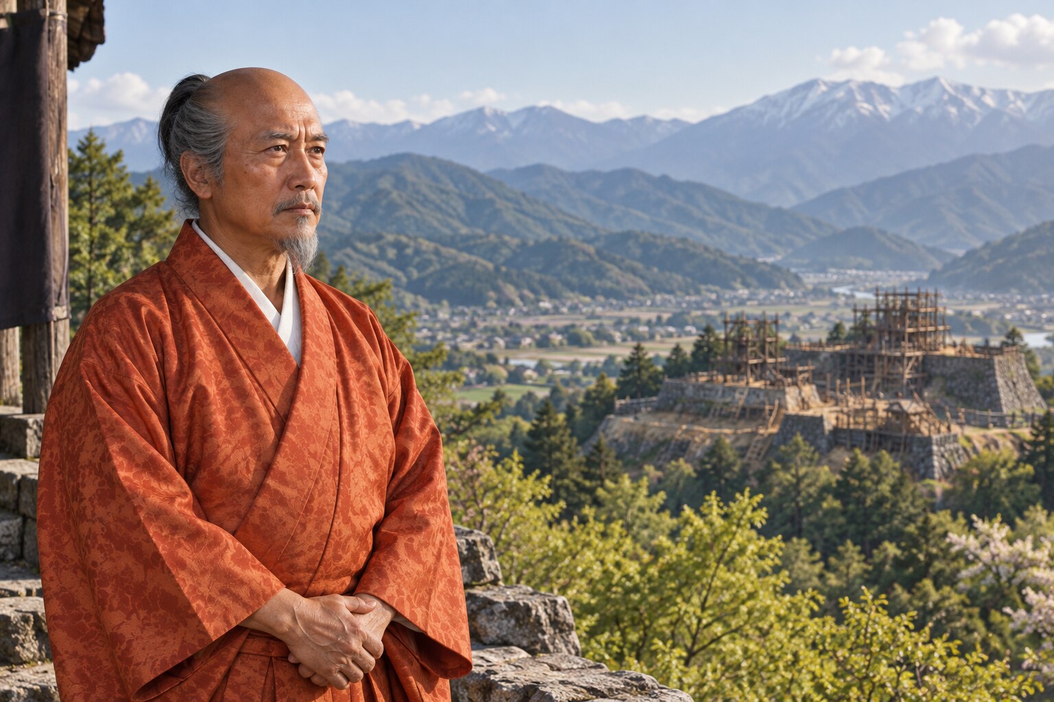 甲斐の山々と普請中の城を望む光泰の想像図。城の形は復元図ではない（AI生成イメージ）