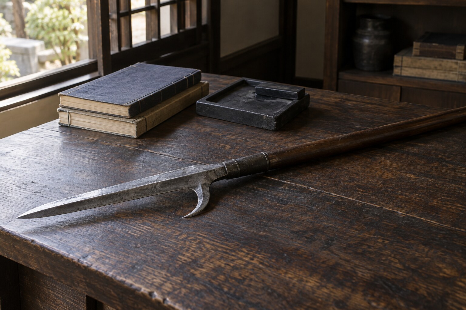 片鎌槍と書物を配した象徴的な想像図。光泰の遺品を再現したものではない（AI生成イメージ）
