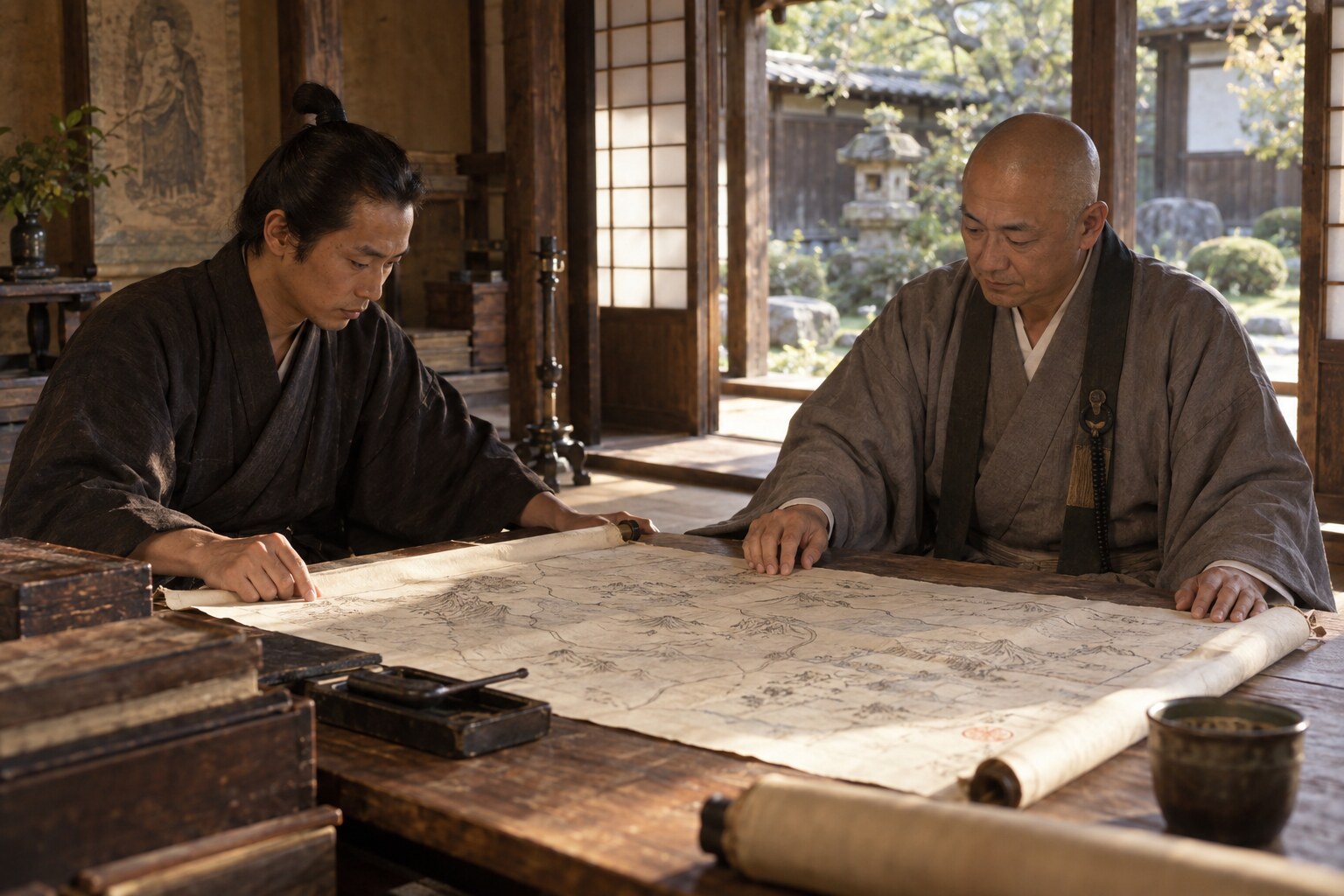寺領の絵図を確かめる場面の想像図。向嶽寺文書の複製ではない（AI生成イメージ）