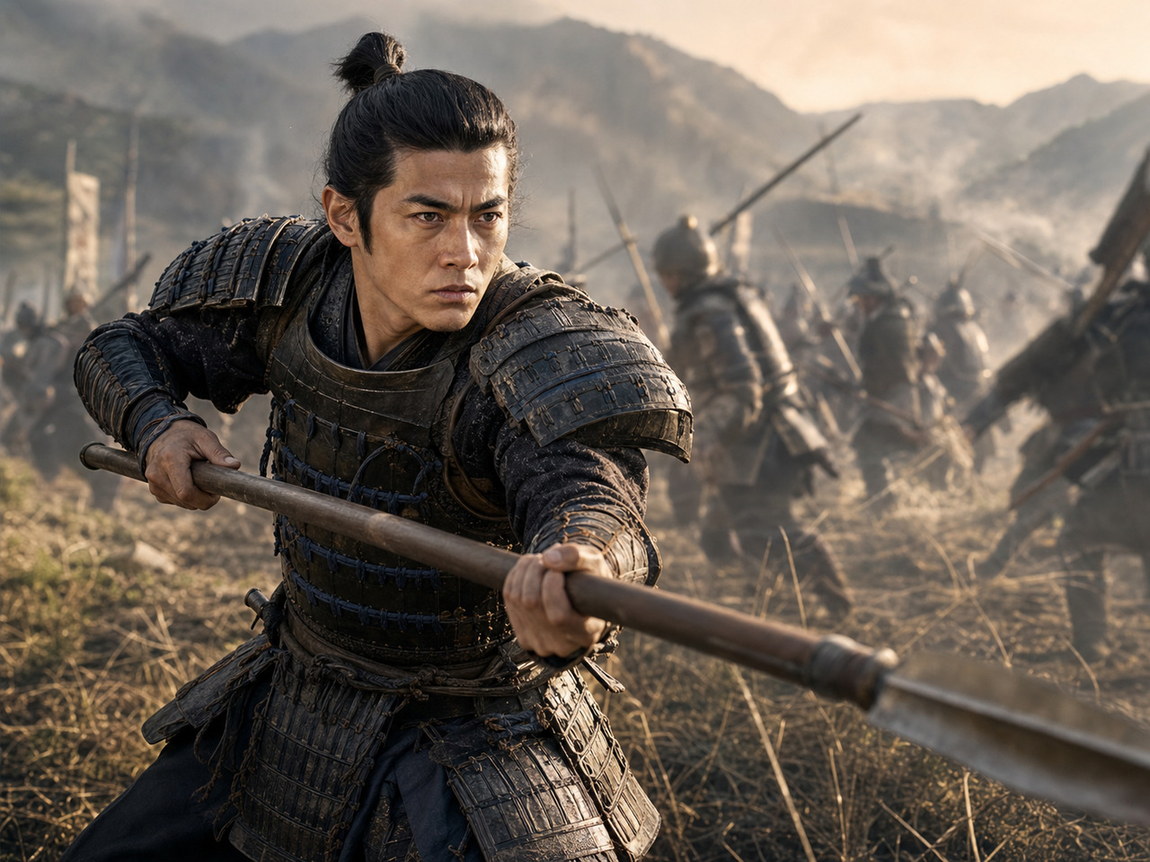 賤ヶ岳の乱戦で槍を振るう若武者・嘉明(AI生成イメージ)