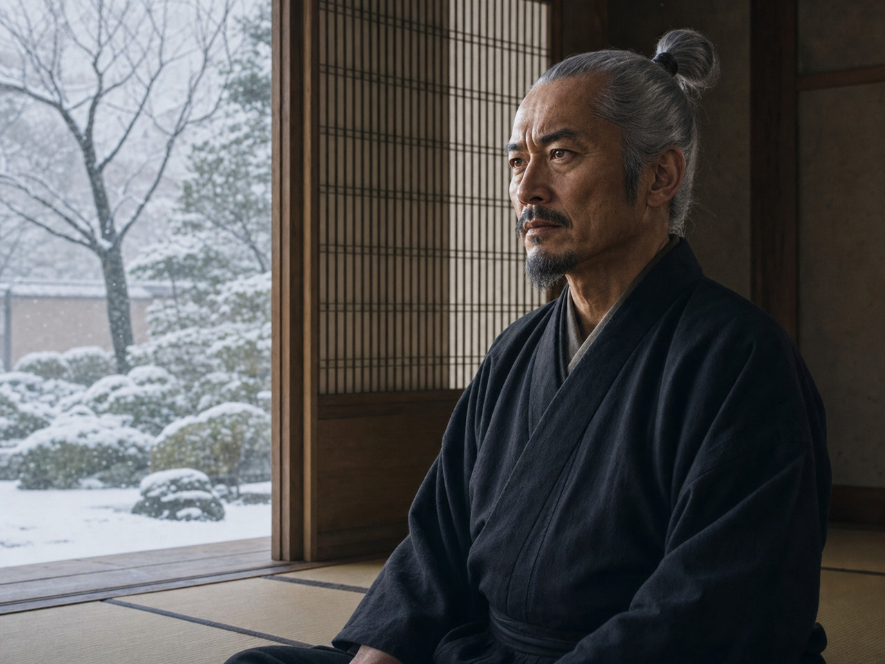 会津の雪景色を眺める晩年の嘉明(AI生成イメージ)