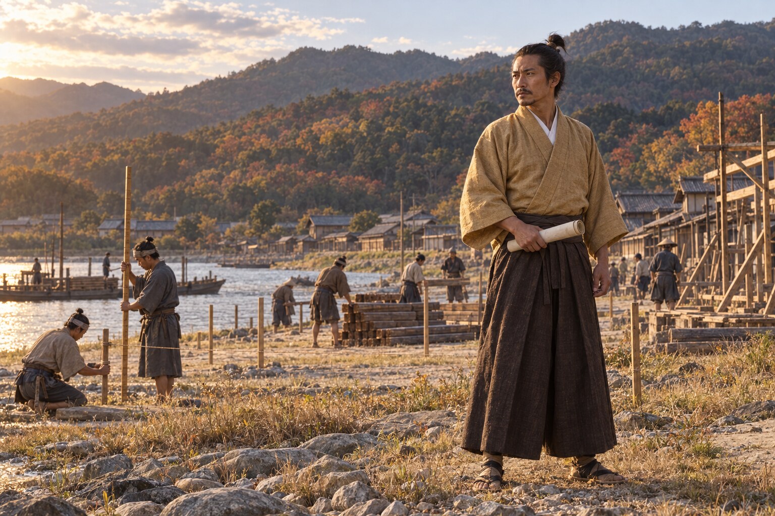 錦川沿いの町づくりを見守る広家の想像場面（AI生成イメージ）