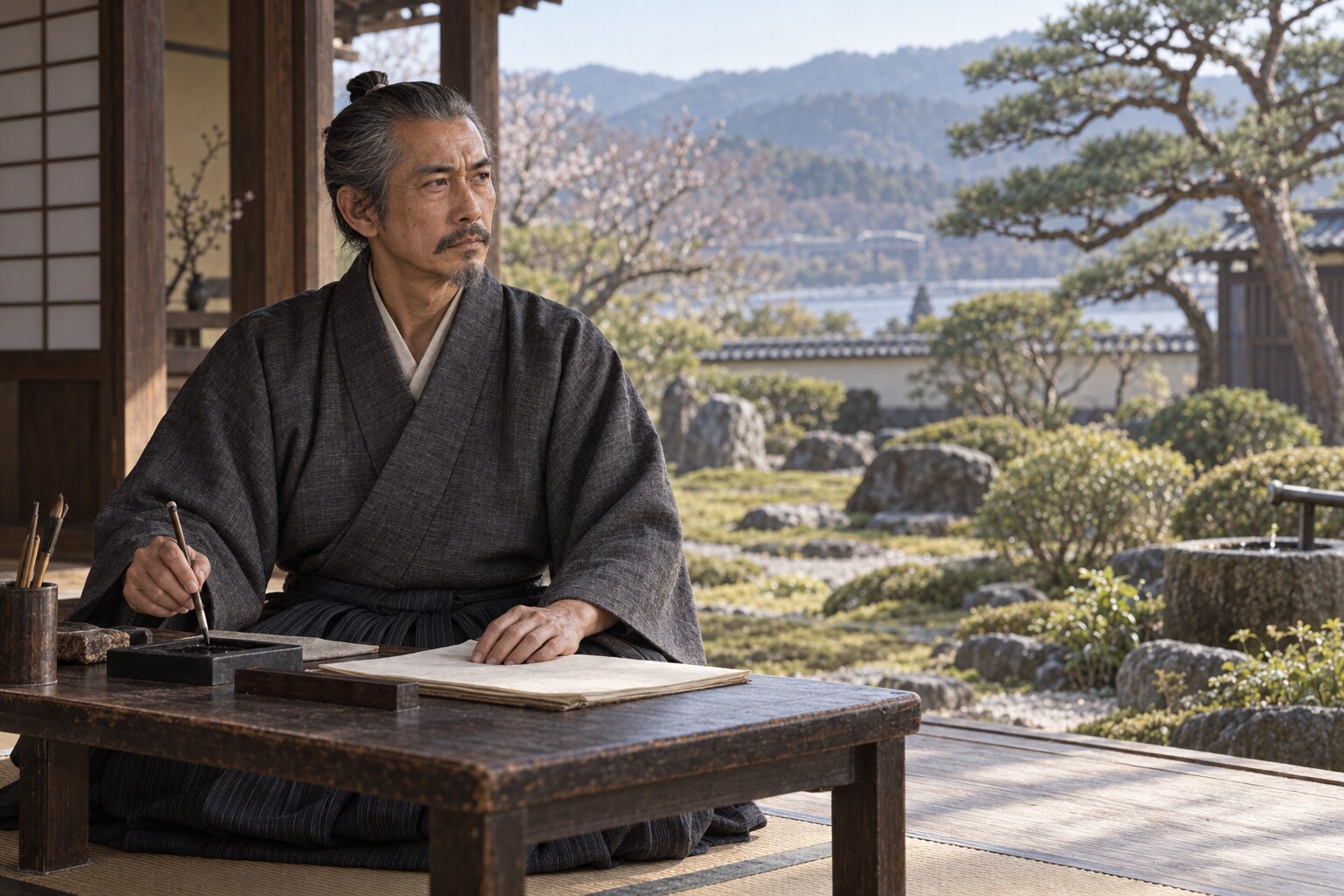晩年に書き物へ向かう広家の想像図（AI生成イメージ）