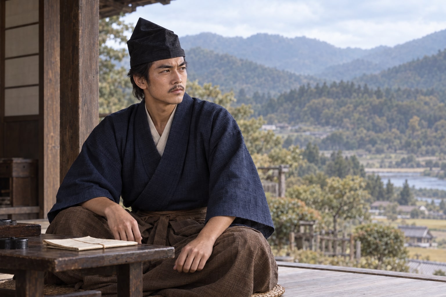吉川家を継ぐ若い元春のイメージ。人物・居館はAIによる想像図(AI生成イメージ)